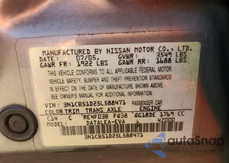 2005 Nissan Sentra 1.8 z USA, uszkodzony, nr VIN 3N1CB51D25L588471